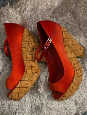 Authentic CHANEL Red Satin Quilted Cork Wedge Platform Peep Toe Pumps Size 6
